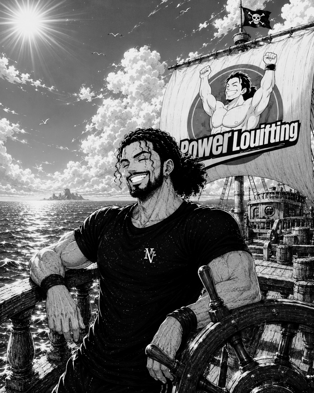 Portrait manga de Louis, capitaine souriant à la barre de son navire